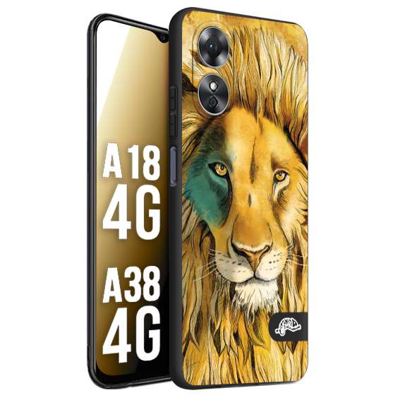 CUSTOMIZZA - Custodia cover nera morbida in tpu compatibile per Oppo A18 4G - A38 4G leone lion disegnato a mano giallo blu a rilievo artistico brown