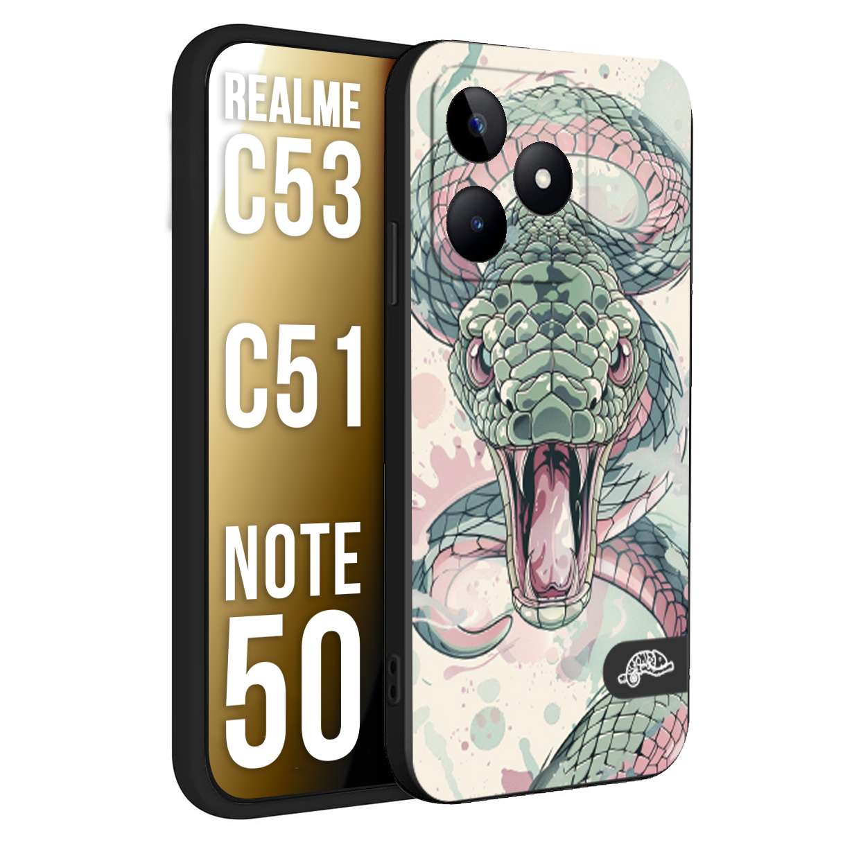 CUSTOMIZZA - Custodia cover nera morbida in tpu compatibile per Realme C53 - C51 - NOTE 50 snake pink green serpente tatuaggio tattoo disegnato a mano