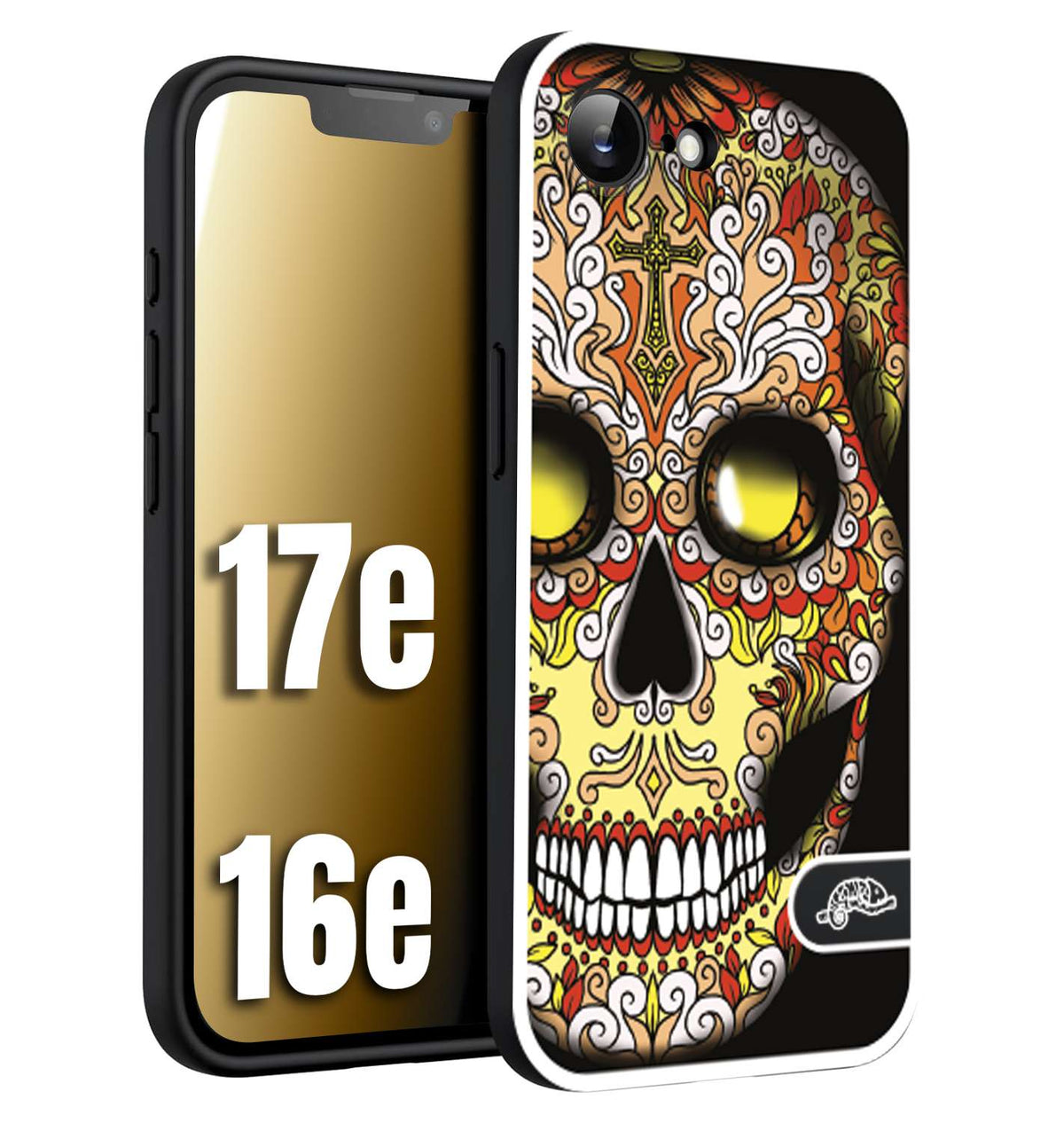 CUSTOMIZZA - Custodia cover nera morbida in tpu compatibile per iPhone 16E - 17E teschio messicano Mexican skull giallo rosso arancio