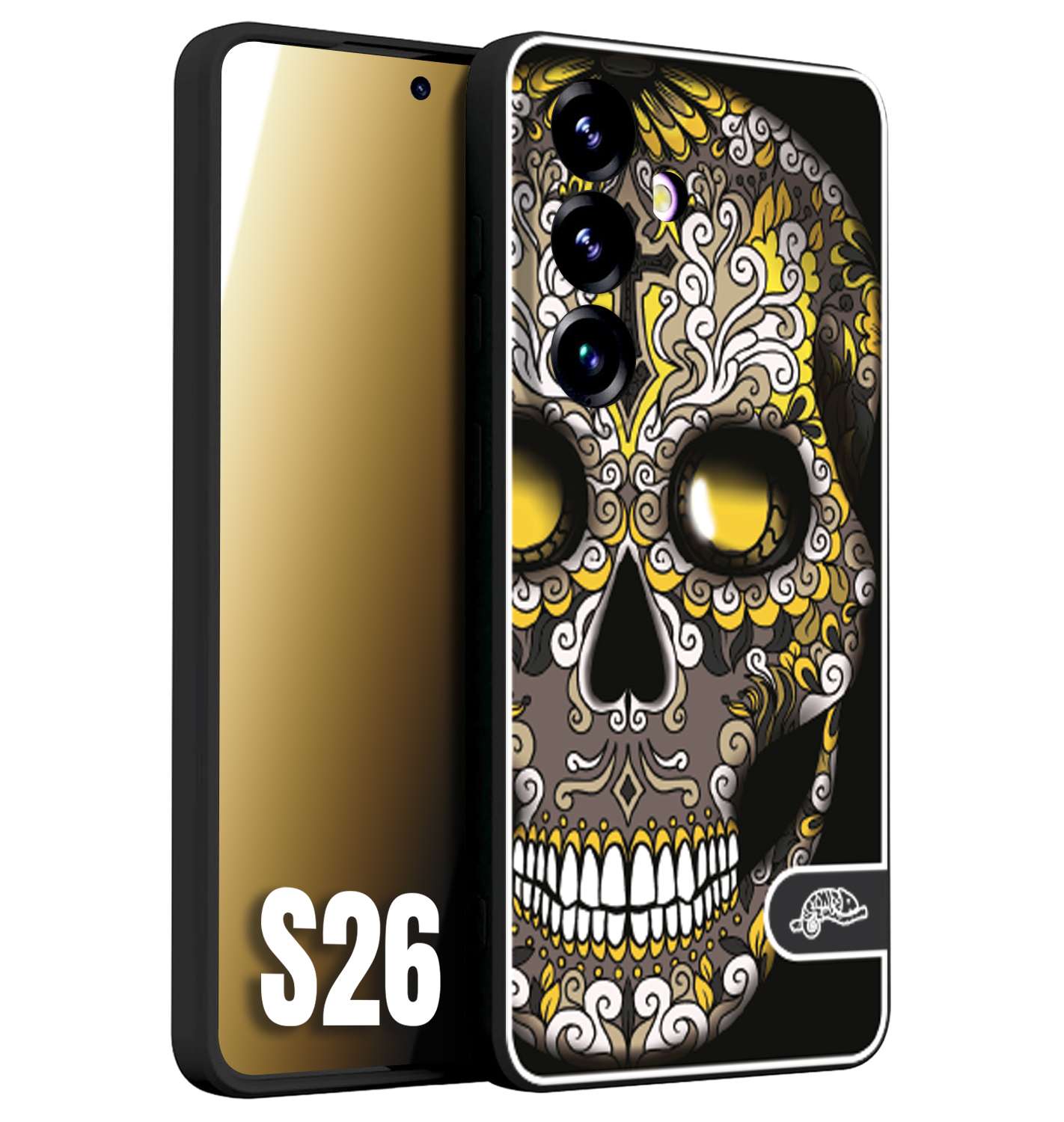 CUSTOMIZZA - Custodia cover nera morbida in tpu compatibile per Samsung S26 teschio messicano Mexican skull nero giallo