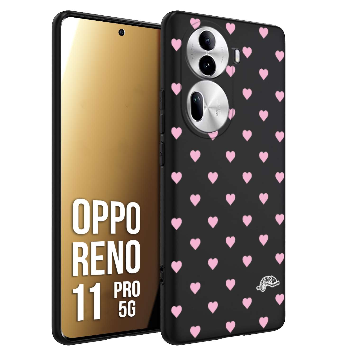 CUSTOMIZZA - Custodia cover nera morbida in tpu compatibile per Oppo Reno 11 PRO 5G cuori pois rosa su nero donna pin up vintage