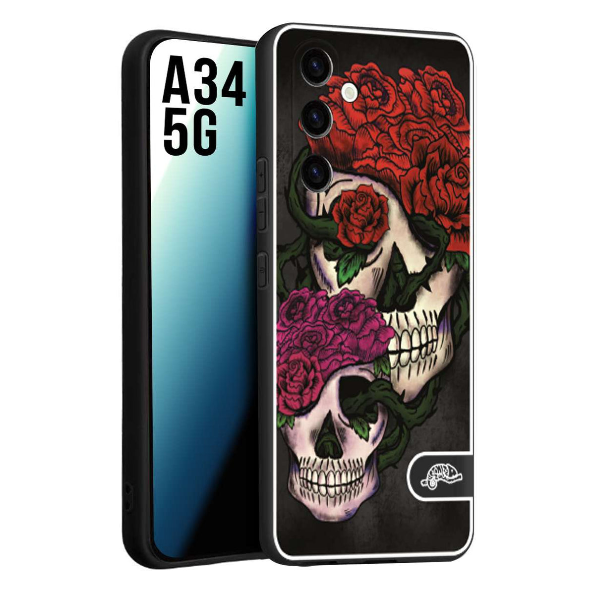 CUSTOMIZZA - Custodia cover nera morbida in tpu compatibile per Samsung A34 5G teschi e rose rosse fucsia skull and roses