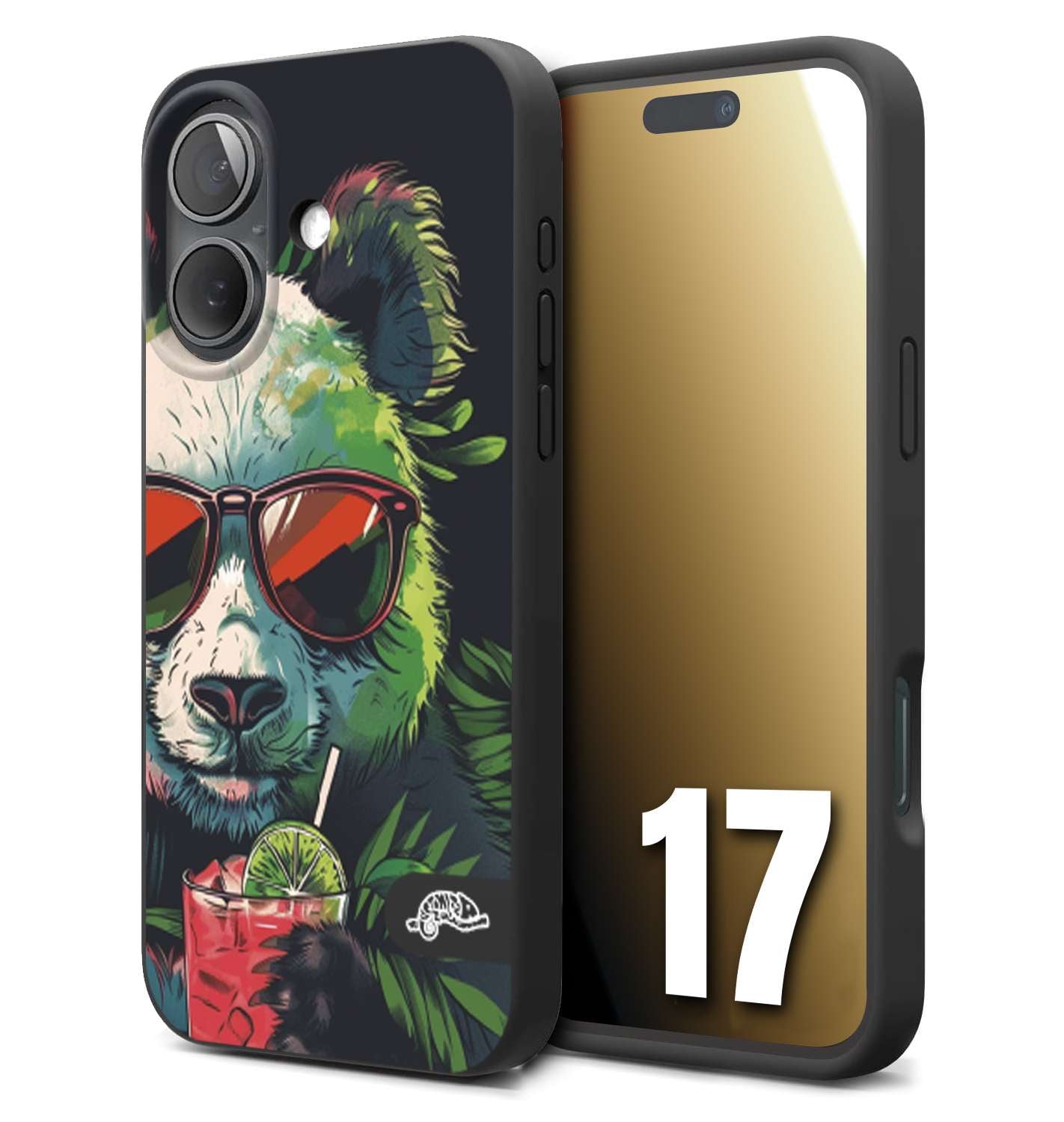 CUSTOMIZZA - Custodia cover nera morbida in tpu compatibile per iPhone 17 estate disegnata cocktails animali simpatici panda mojito