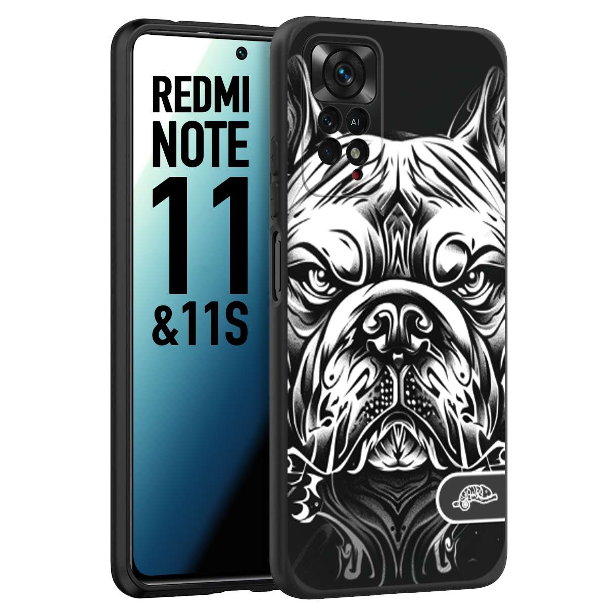 CUSTOMIZZA - Custodia cover nera morbida in tpu compatibile per Xiaomi Redmi Note 11 - Note 11S bulldog bianco a rilievo disegnato tattoo tatuaggio