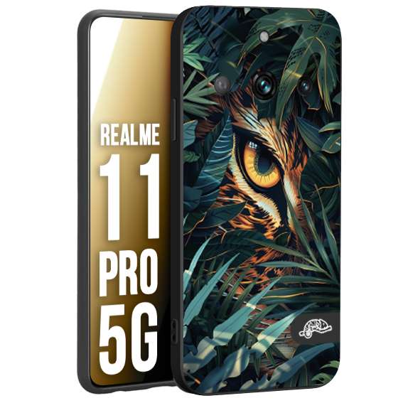 CUSTOMIZZA - Custodia cover nera morbida in tpu compatibile per Realme 11 PRO 5G animali color giungla tropicale occhio di giaguaro felino disegnato