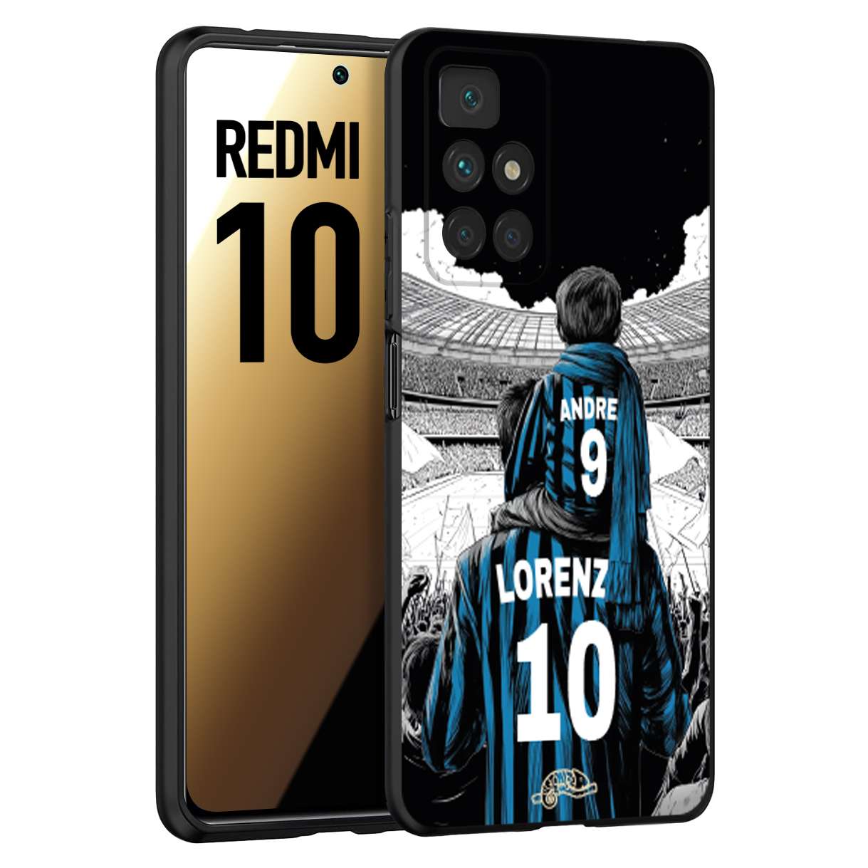 CUSTOMIZZA - Custodia cover nera morbida in tpu compatibile per Xiaomi Redmi 10 personalizzata calcio football padre e figlio calciatori nerazzurra