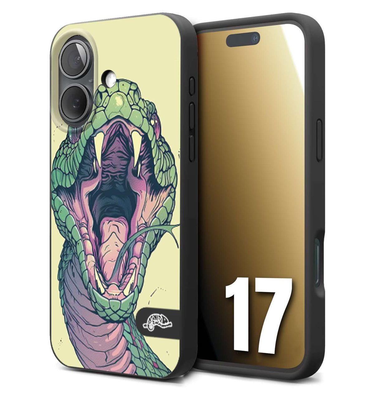 CUSTOMIZZA - Custodia cover nera morbida in tpu compatibile per iPhone 17 snake yellow green serpente tatuaggio tattoo disegnato a mano