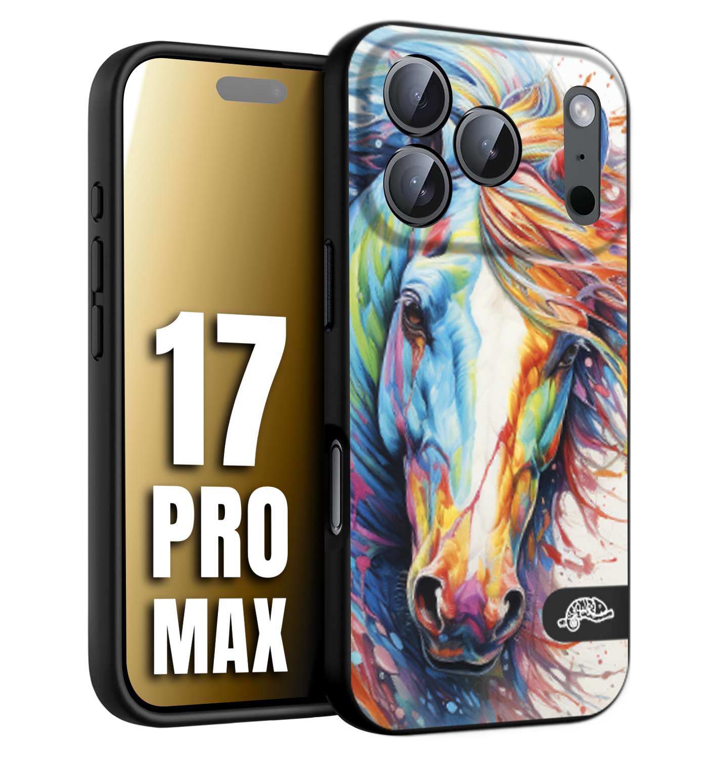 CUSTOMIZZA - Custodia cover nera morbida in tpu compatibile per iPhone 17 PRO MAX animali color cavallo horse viso colori vibranti disegnato schizzo