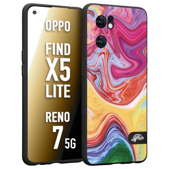 CUSTOMIZZA - Custodia cover nera morbida in tpu compatibile per Oppo Reno 7 - Find X5 LITE colorata fantasia vortice marmo onde verde fucsia gialla
