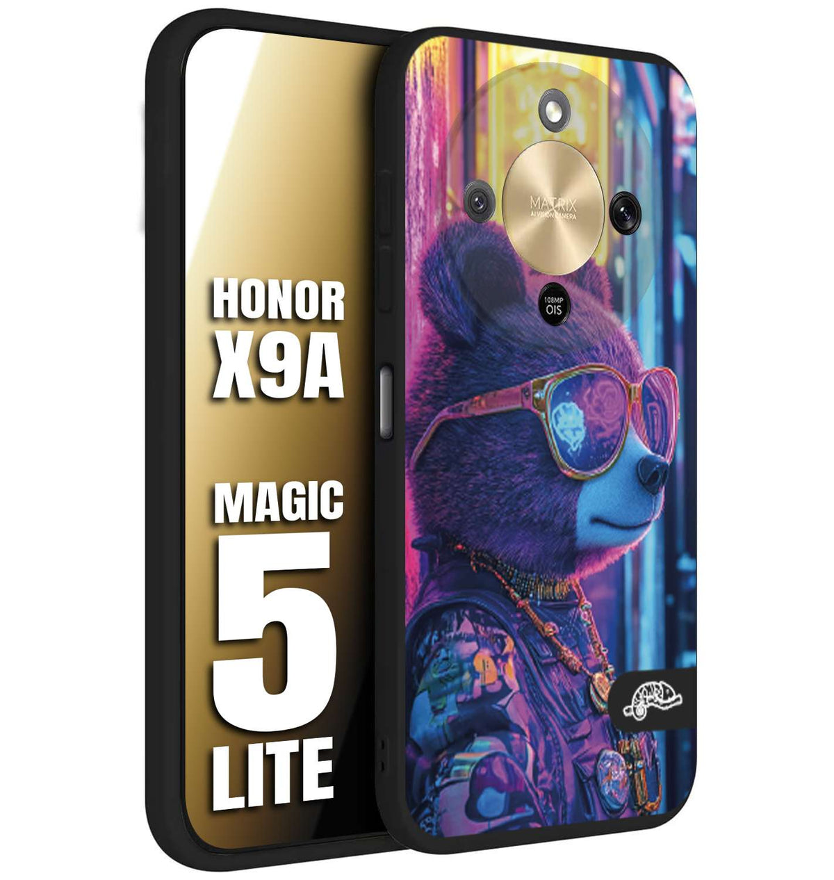 CUSTOMIZZA - Custodia cover nera morbida in tpu compatibile per Honor X9A - Honor Magic 5 Lite animali cyberpunk orsetto orso street bear fucsia blu night