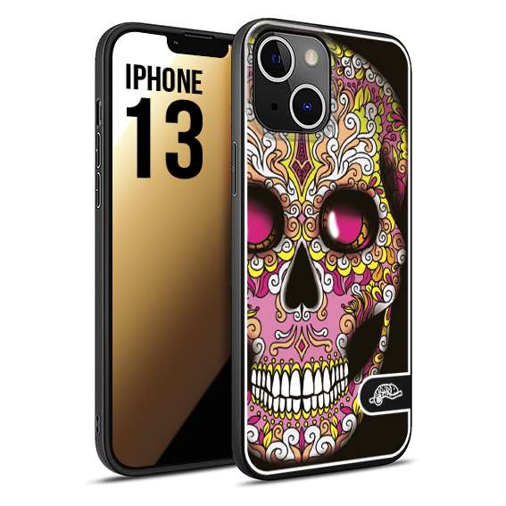 CUSTOMIZZA - Custodia cover nera morbida in tpu compatibile per iPhone 13 teschio messicano Mexican skull rosa gialla