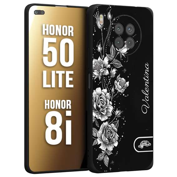 CUSTOMIZZA - Custodia cover nera morbida in tpu compatibile per Honor 8i - Honor 50 LITE a rilievo soft touch personalizzata nome rose fiori donna