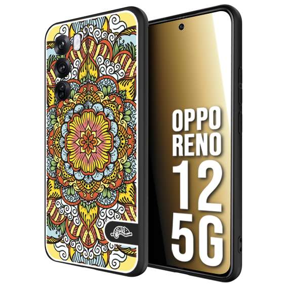 CUSTOMIZZA - Custodia cover nera morbida in tpu compatibile per Oppo Reno 12 5G mandala colorato fiore nuvole arancione