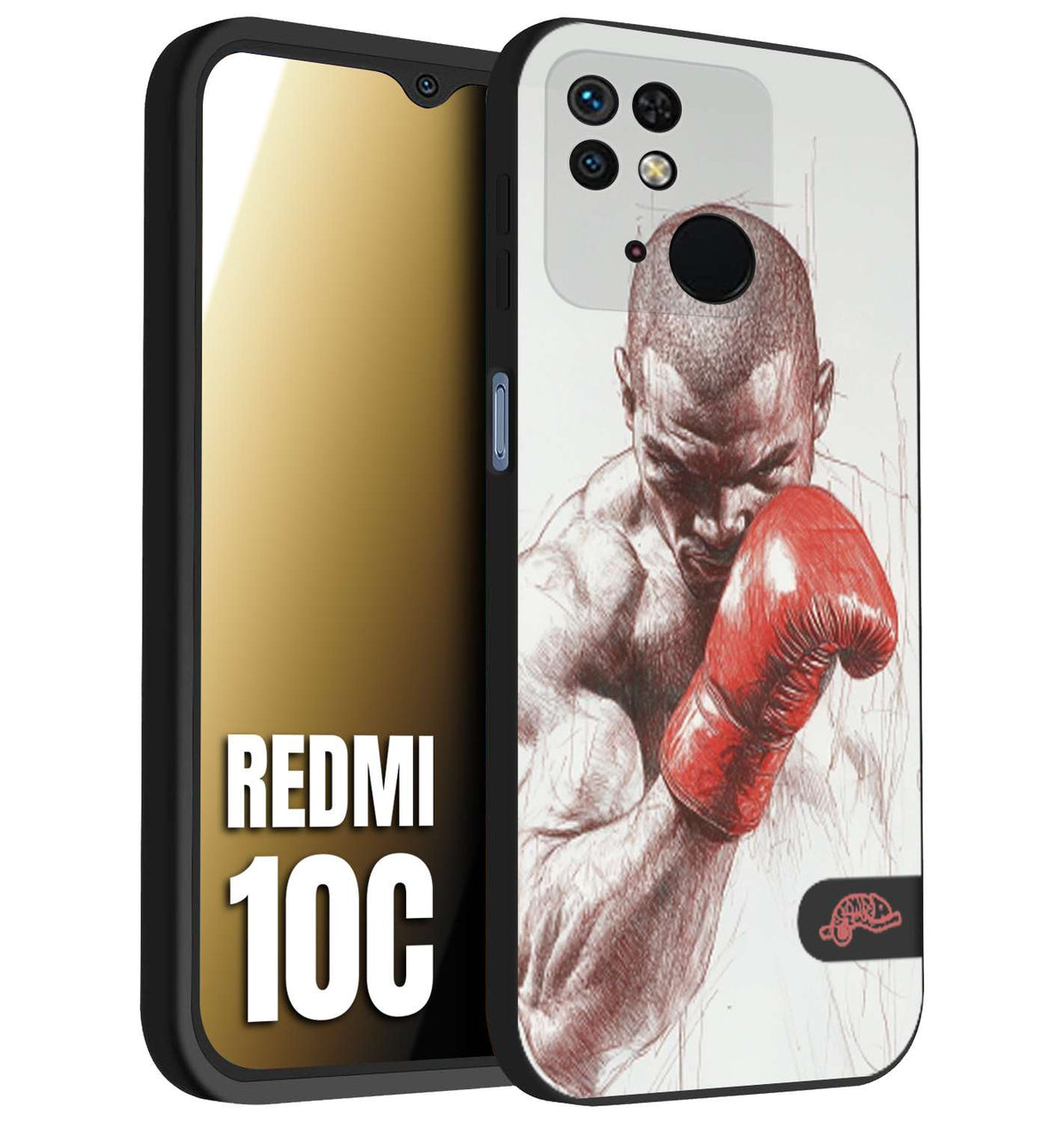CUSTOMIZZA - Custodia cover nera morbida in tpu compatibile per Xiaomi Redmi 10C pugilato pugili disegno tattoo guantoni box sport primo piano