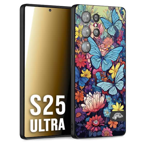 CUSTOMIZZA - Custodia cover nera morbida in tpu compatibile per Samsung S25 ULTRA farfalle butterfly moderno donna disegnate gialla blu rosa