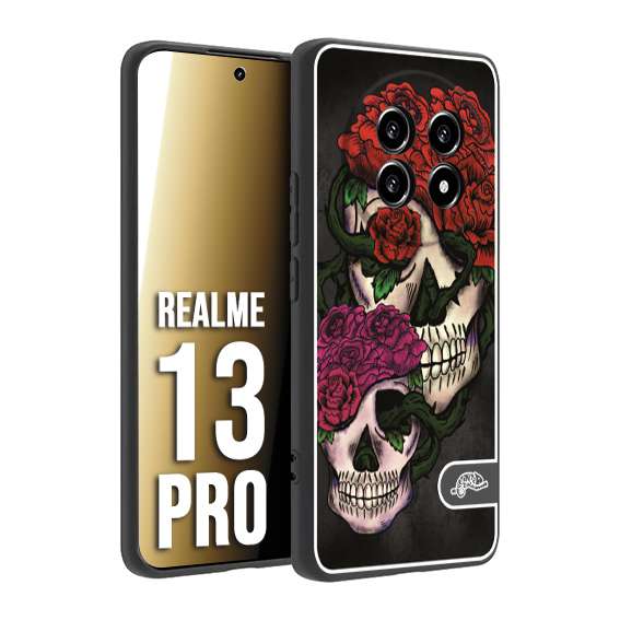 CUSTOMIZZA - Custodia cover nera morbida in tpu compatibile per Realme 13 PRO teschi e rose rosse fucsia skull and roses