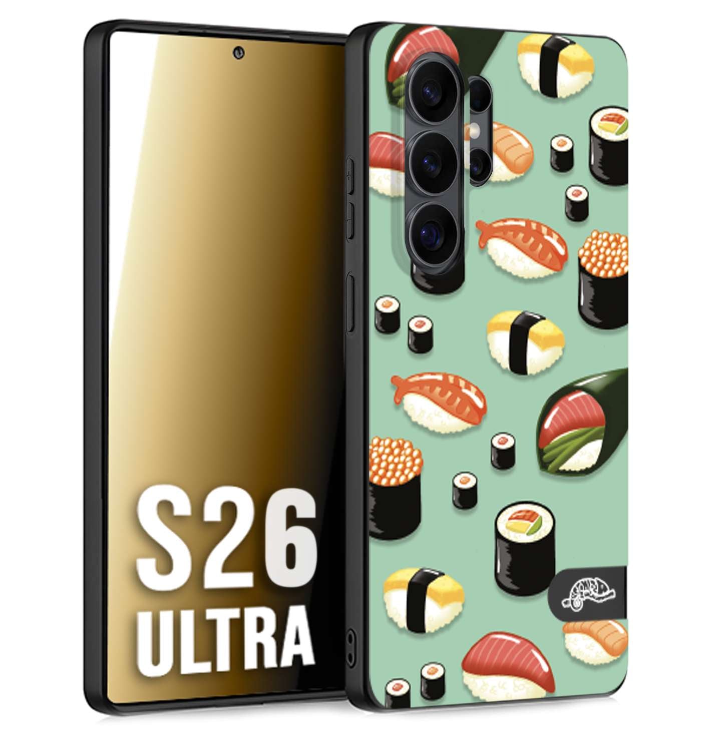CUSTOMIZZA - Custodia cover nera morbida in tpu compatibile per Samsung S26 ULTRA sushi disegni giapponese nighiri acquamarina verde