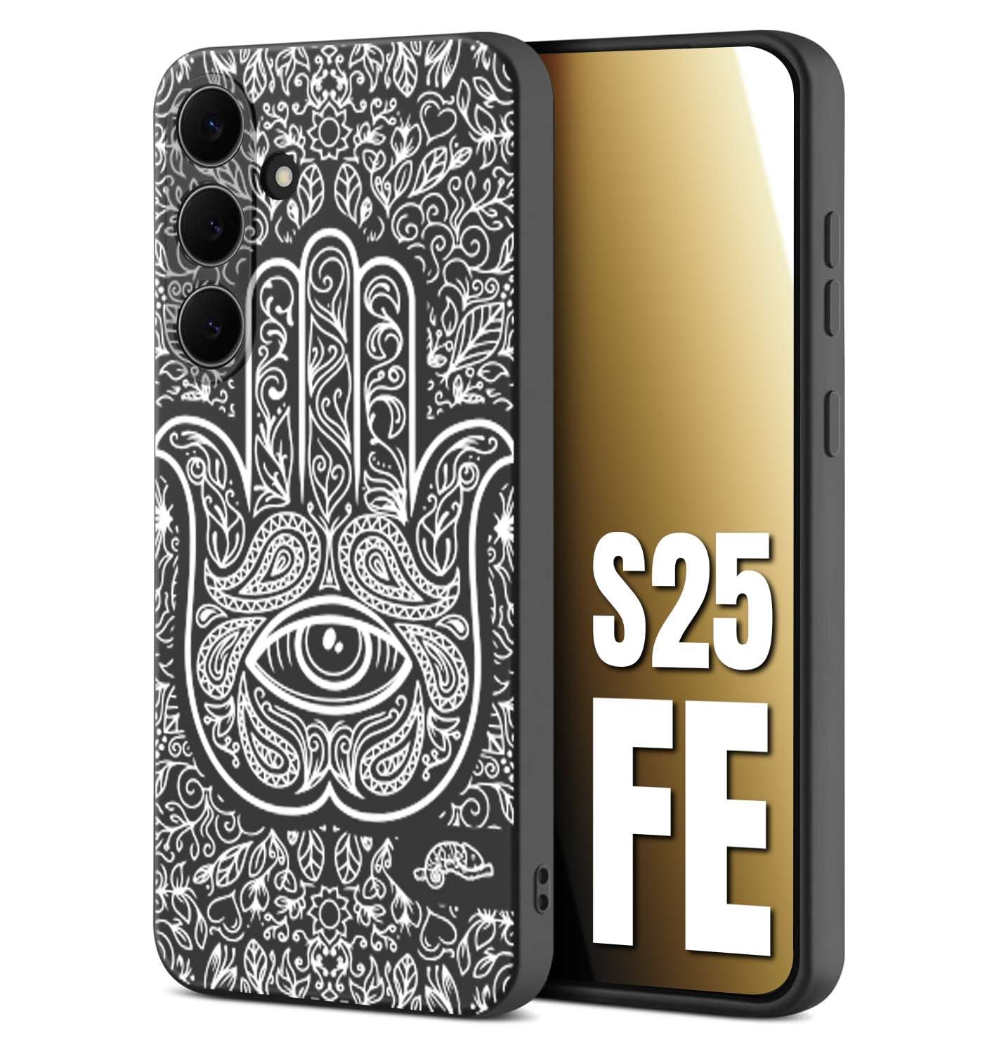 CUSTOMIZZA - Custodia cover nera morbida in tpu compatibile per Samsung S25 FE mano di fatima effetto rilievo mandala donna