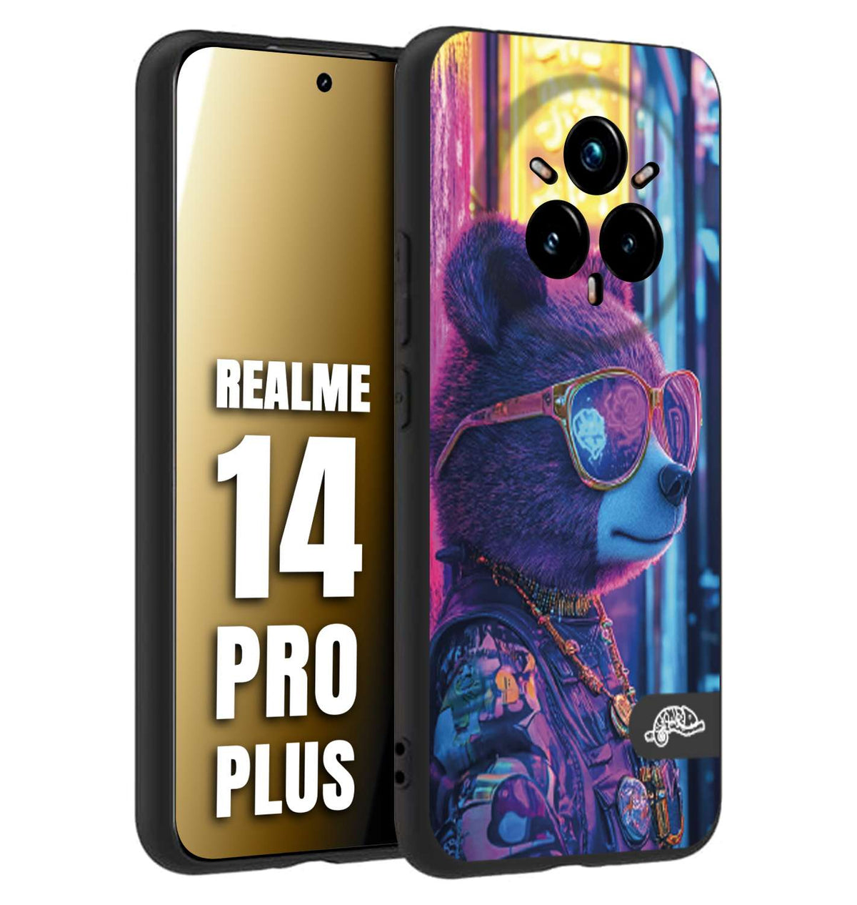 CUSTOMIZZA - Custodia cover nera morbida in tpu compatibile per Realme 14 PRO PLUS animali cyberpunk orsetto orso street bear fucsia blu night