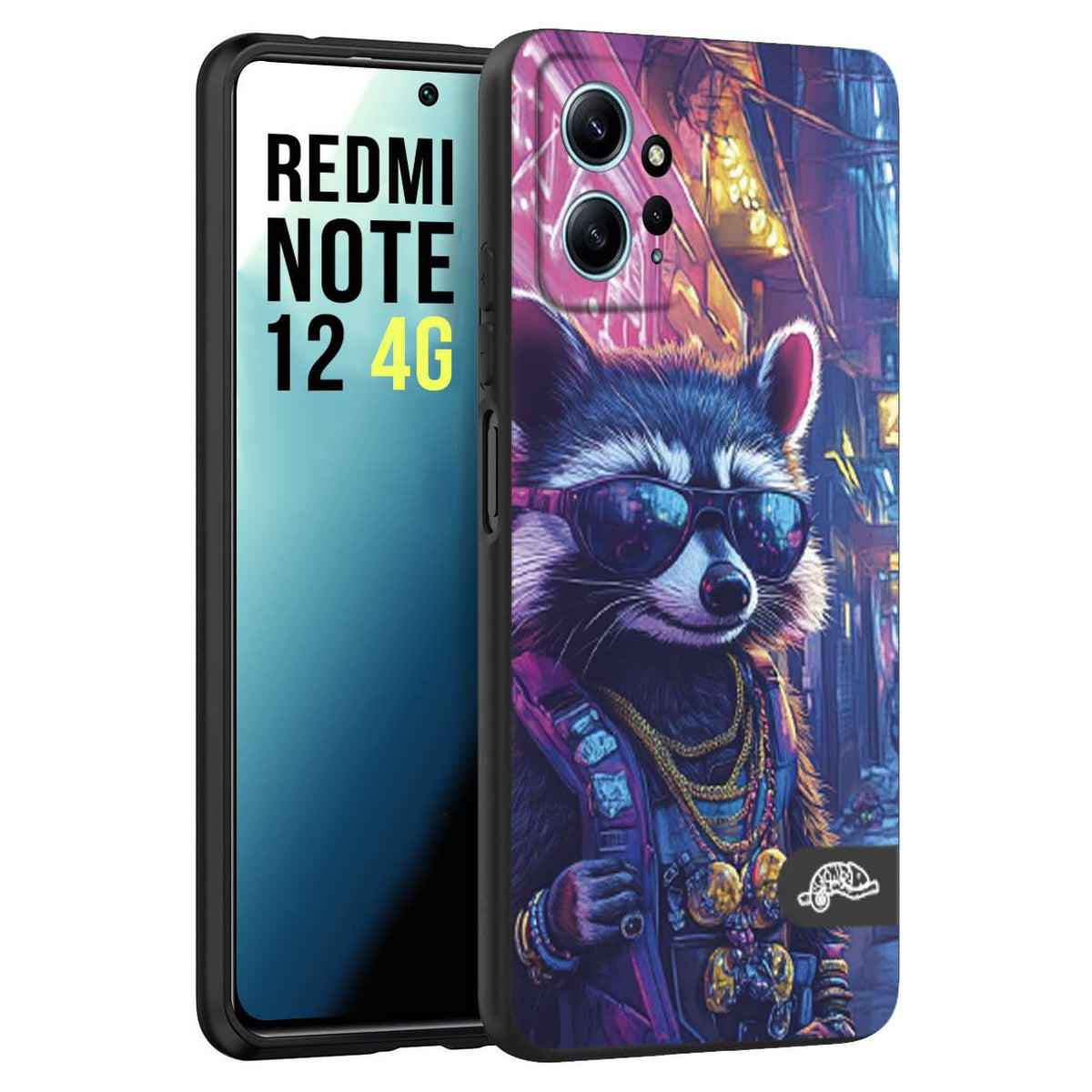 CUSTOMIZZA - Custodia cover nera morbida in tpu compatibile per Xiaomi Redmi Note 12 4G animali simpatici cyberpunk procione racoon street cat fucsia blu giallo