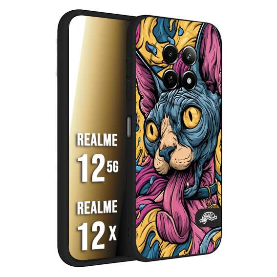 CUSTOMIZZA - Custodia cover nera morbida in tpu compatibile per Realme 12 5G - 12X Sphynx Colorato Pop Art Psichedelico Gatto Blu Rosa Giallo Artistica Fantasy