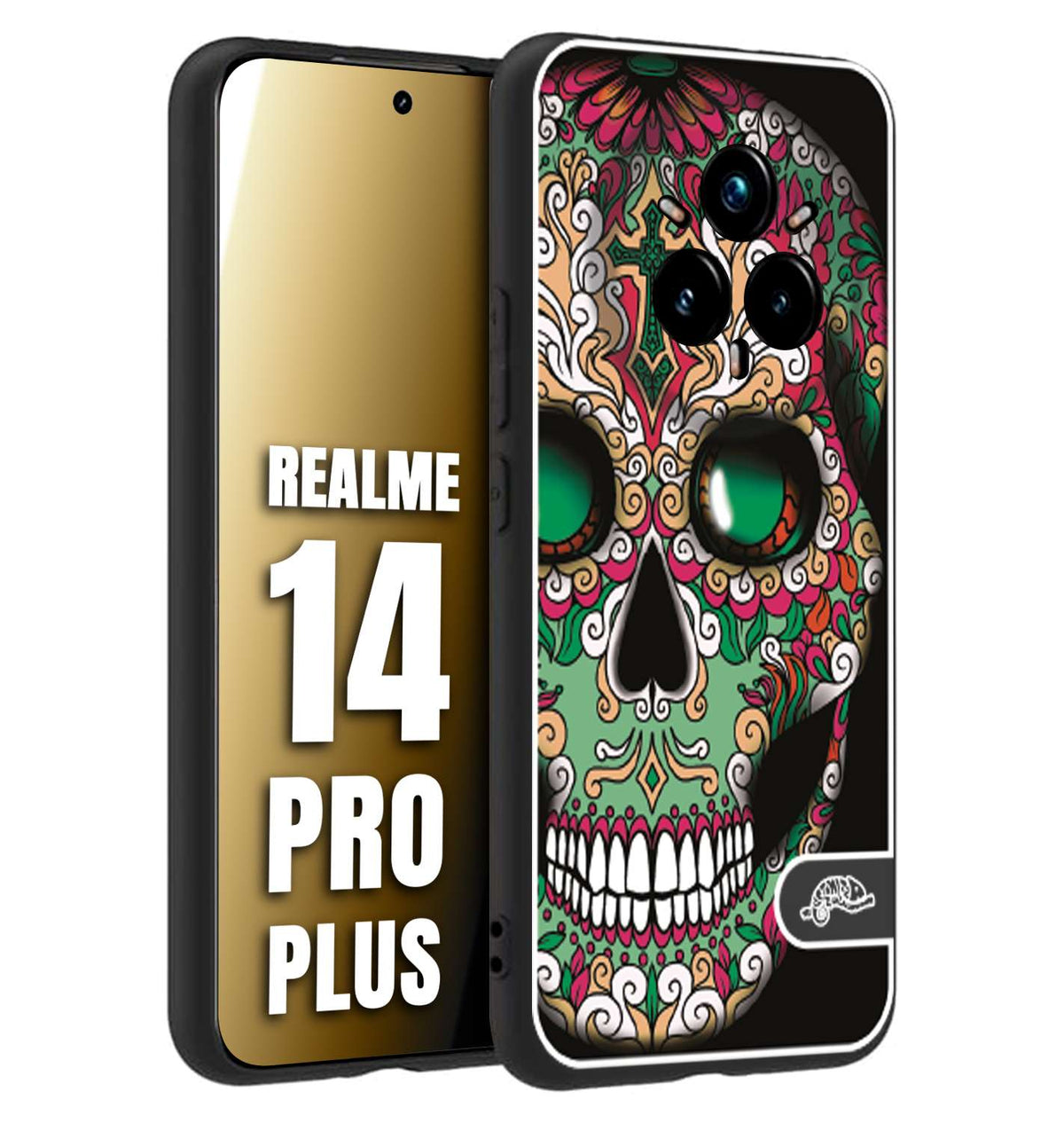 CUSTOMIZZA - Custodia cover nera morbida in tpu compatibile per Realme 14 PRO PLUS teschio messicano Mexican skull verde fucsia