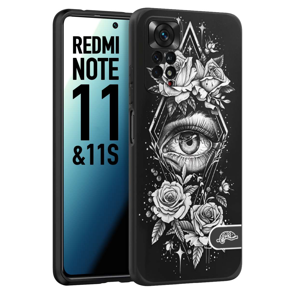 CUSTOMIZZA - Custodia cover nera morbida in tpu compatibile per Xiaomi Redmi Note 11 - Note 11S occhio fiori rombo geometrico black and white bianco a rilievo disegnato tattoo tatuaggio