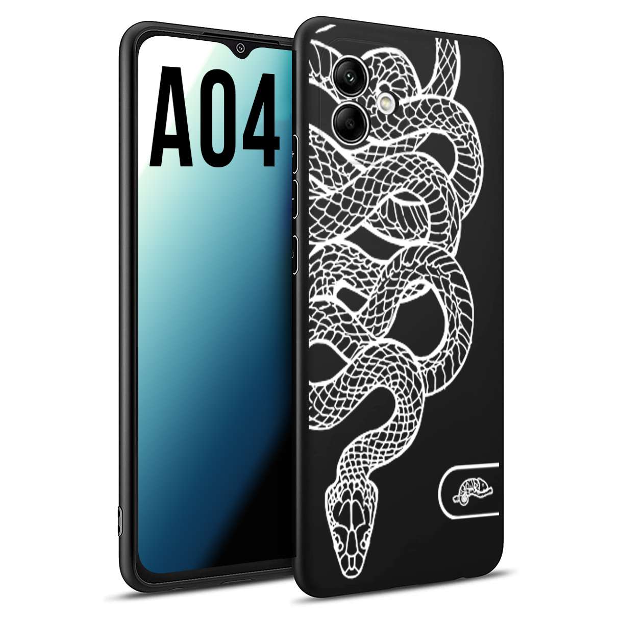 CUSTOMIZZA - Custodia cover nera morbida in tpu compatibile per Samsung A04 serpente snake bianco a rilievo disegnato tattoo tatuaggio