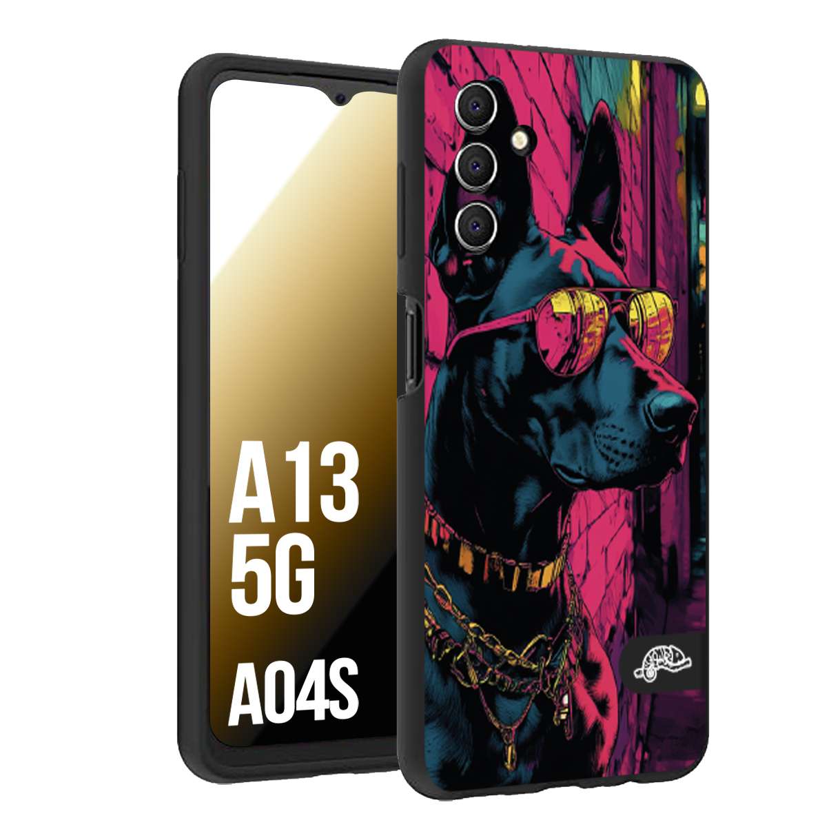 CUSTOMIZZA - Custodia cover nera morbida in tpu compatibile per Samsung A04S - A13 5G animali cyberpunk dobermann cane street dog fucsia blu