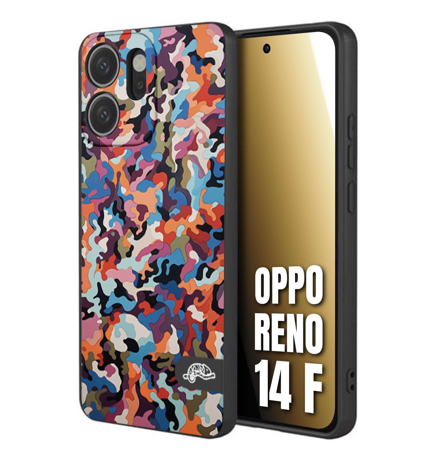CUSTOMIZZA - Custodia cover nera morbida in tpu compatibile per Oppo Reno 14 F camouflage mimetico militare moderno blu arancio rosa