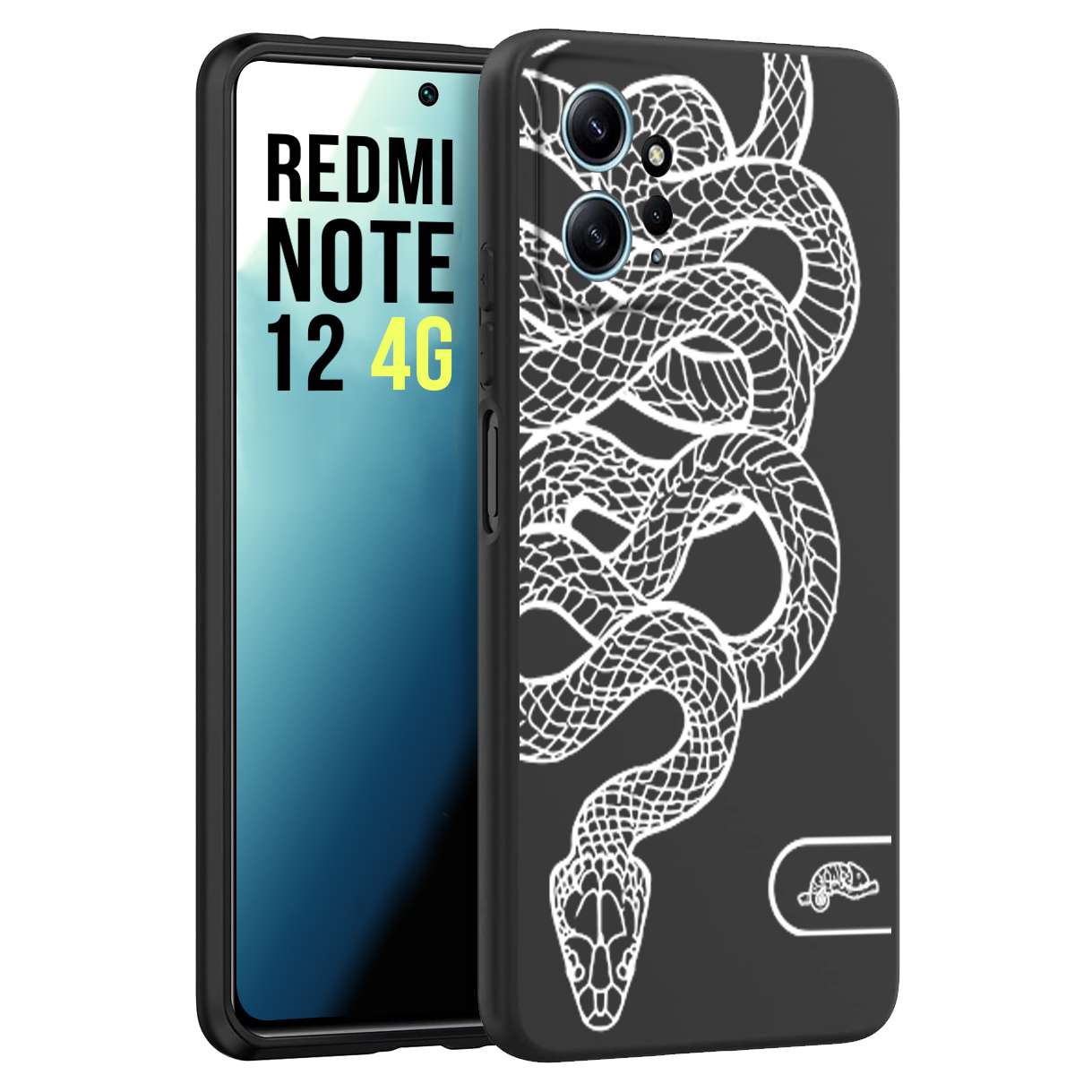 CUSTOMIZZA - Custodia cover nera morbida in tpu compatibile per Xiaomi Redmi Note 12 4G serpente snake bianco a rilievo disegnato tattoo tatuaggio