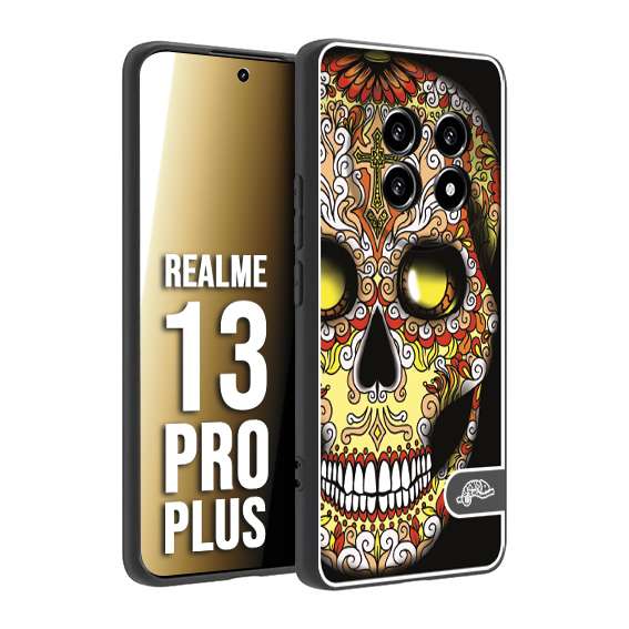 CUSTOMIZZA - Custodia cover nera morbida in tpu compatibile per Realme 13 PRO PLUS teschio messicano Mexican skull giallo rosso arancio