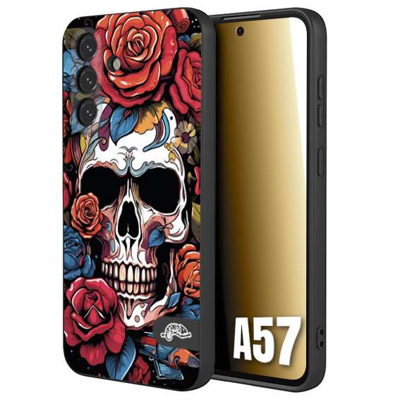 CUSTOMIZZA - Custodia cover nera morbida in tpu compatibile per Samsung A57 teschio skull flowers fiori rose rosse tattoo disegnato