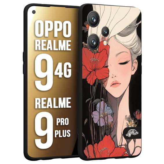 CUSTOMIZZA - Custodia cover nera morbida in tpu compatibile per Realme 9 4G - 9 PRO PLUS woman flower Fantasia Floreale Design Donna e Fiori, Retro Artistico