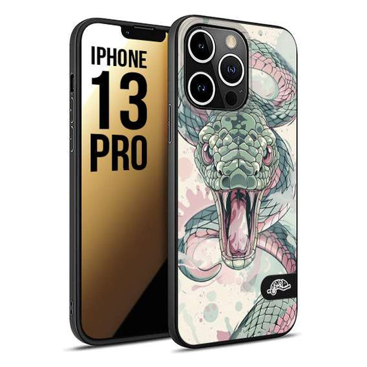 CUSTOMIZZA - Custodia cover nera morbida in tpu compatibile per iPhone 13 PRO snake pink green serpente tatuaggio tattoo disegnato a mano