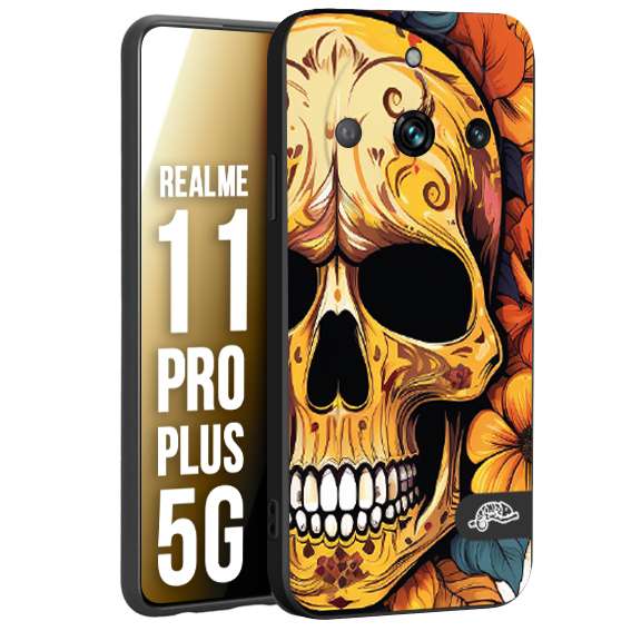 CUSTOMIZZA - Custodia cover nera morbida in tpu compatibile per Oppo Realme 11 PRO PLUS 5G teschio messicano colorato dorato fiori autunnali disegnato