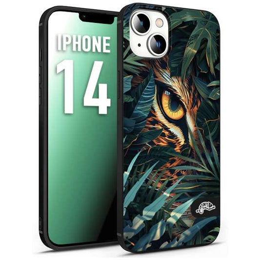 CUSTOMIZZA - Custodia cover nera morbida in tpu compatibile per iPhone 14 animali color giungla tropicale occhio di giaguaro felino disegnato