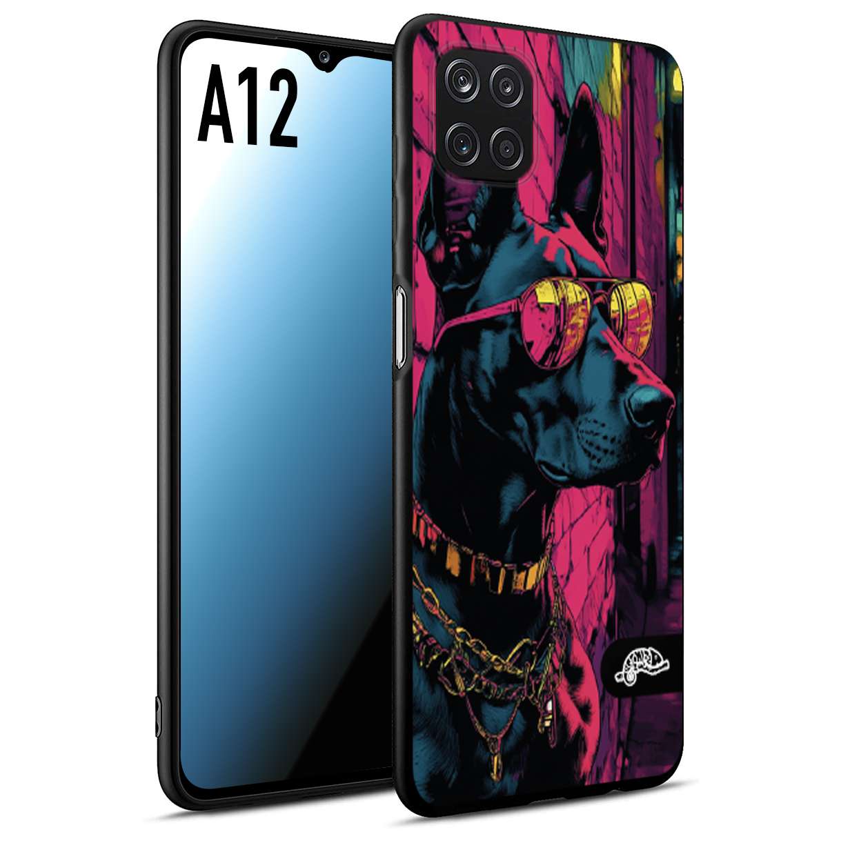 CUSTOMIZZA - Custodia cover nera morbida in tpu compatibile per Samsung A12 animali cyberpunk dobermann cane street dog fucsia blu