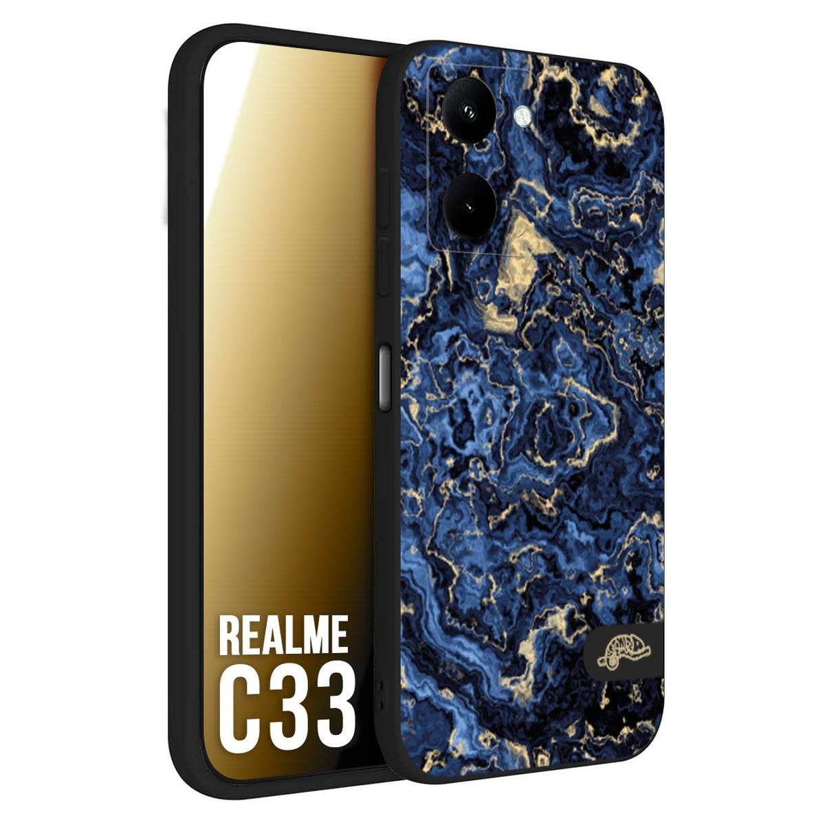 CUSTOMIZZA - Custodia cover nera morbida in tpu compatibile per Realme C33 effetto marmo marble blu venature dorato psichedelico