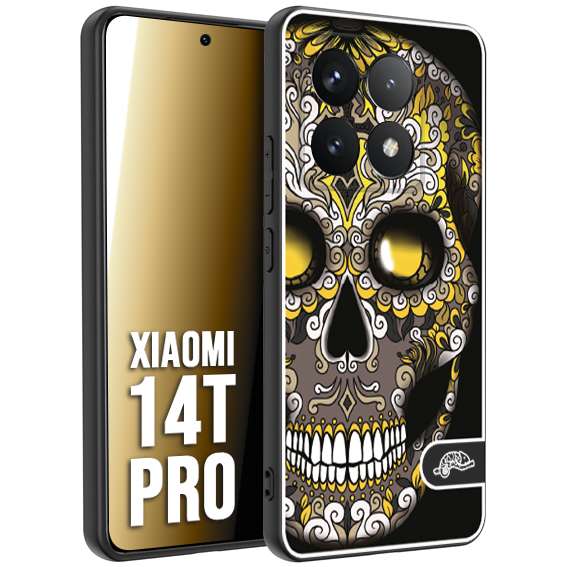 CUSTOMIZZA - Custodia cover nera morbida in tpu compatibile per Xiaomi 14T PRO teschio messicano Mexican skull nero giallo
