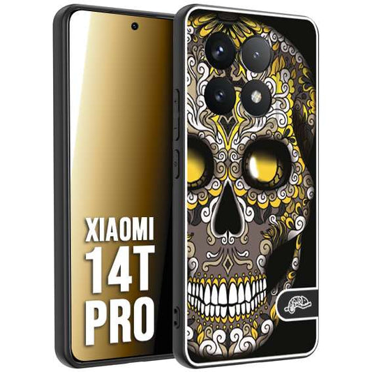 CUSTOMIZZA - Custodia cover nera morbida in tpu compatibile per Xiaomi 14T PRO teschio messicano Mexican skull nero giallo
