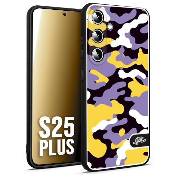 CUSTOMIZZA - Custodia cover nera morbida in tpu compatibile per Samsung S25 PLUS camouflage mimetico militare viola lilla giallo