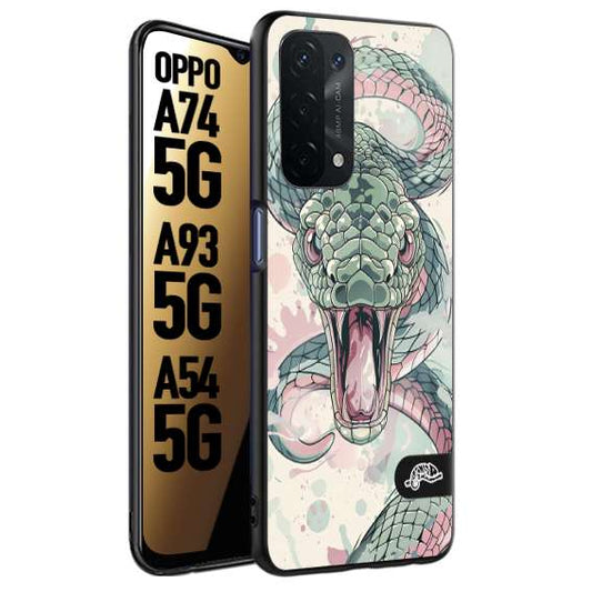 CUSTOMIZZA - Custodia cover nera morbida in tpu compatibile per Oppo A74 5G - A93 5G - A54 5G snake pink green serpente tatuaggio tattoo disegnato a mano
