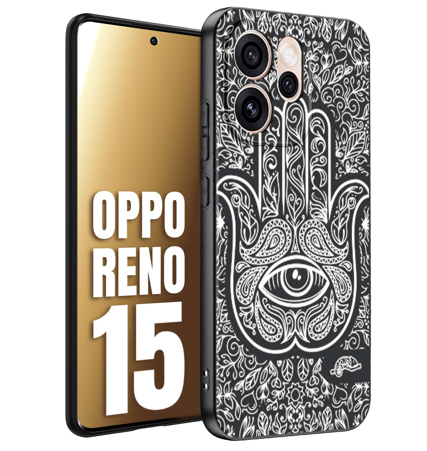 CUSTOMIZZA - Custodia cover nera morbida in tpu compatibile per Oppo Reno 15 mano di fatima effetto rilievo mandala donna