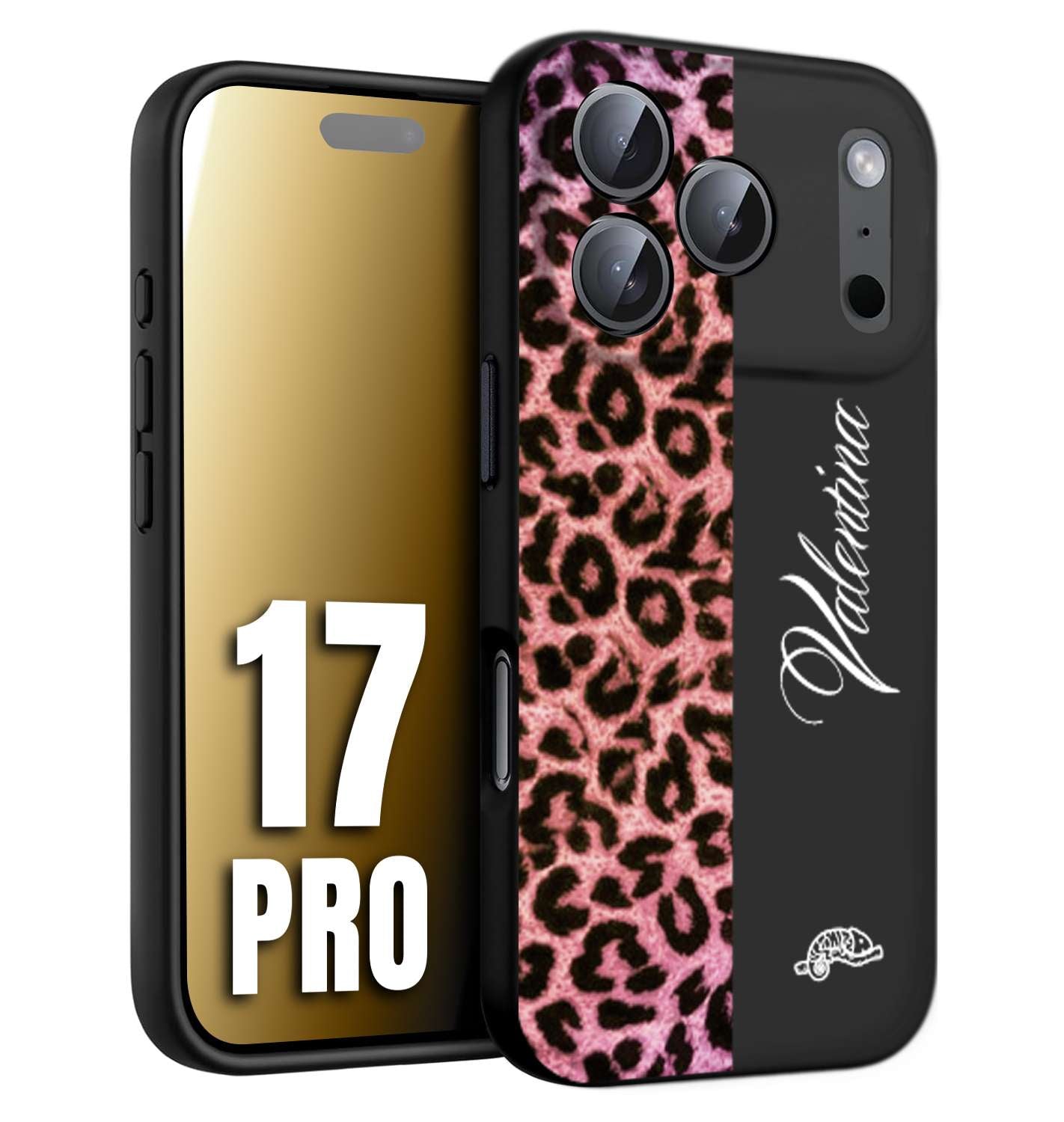 CUSTOMIZZA - Custodia cover nera morbida in tpu compatibile per iPhone 17 PRO leopardato rosa fucsia personalizzata nome iniziali