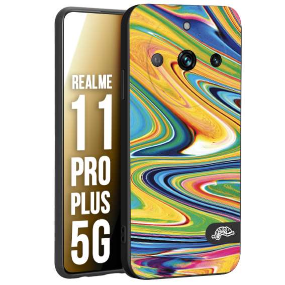 CUSTOMIZZA - Custodia cover nera morbida in tpu compatibile per Realme 11 PRO PLUS 5G colorata fantasia vortice marmo arcobaleno gialla verde blu