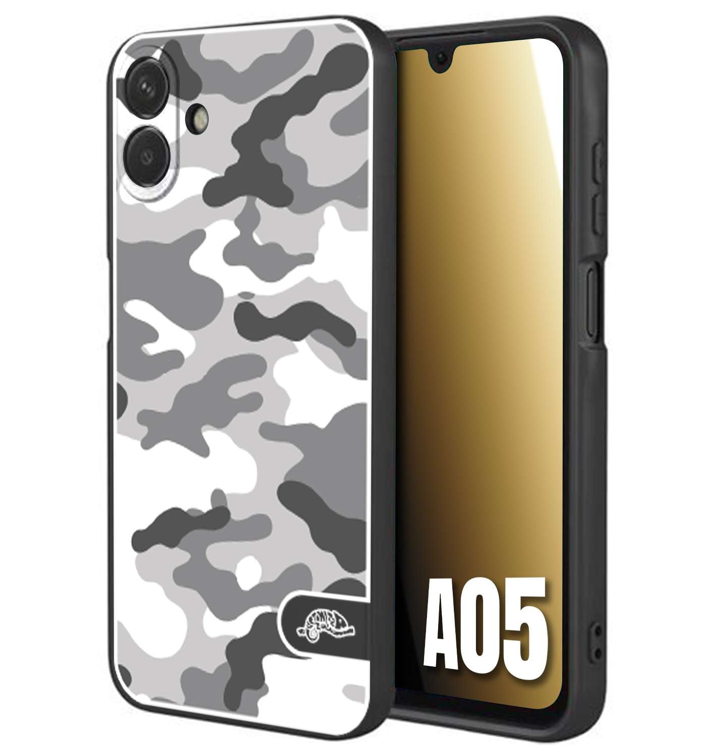 CUSTOMIZZA - Custodia cover nera morbida in tpu compatibile per Samsung A05 camouflage mimetico militare bianco white
