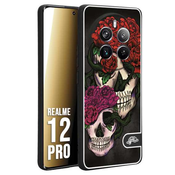 CUSTOMIZZA - Custodia cover nera morbida in tpu compatibile per Realme 12 PRO teschi e rose rosse fucsia skull and roses