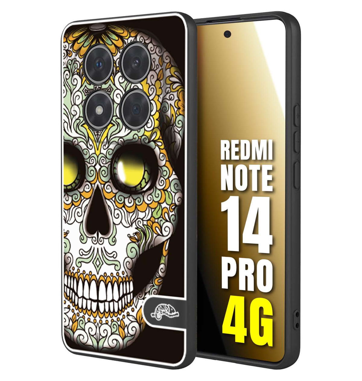 CUSTOMIZZA - Custodia cover nera morbida in tpu compatibile per Xiaomi Redmi Note 14 PRO 4G teschio messicano Mexican skull bianco verde giallo