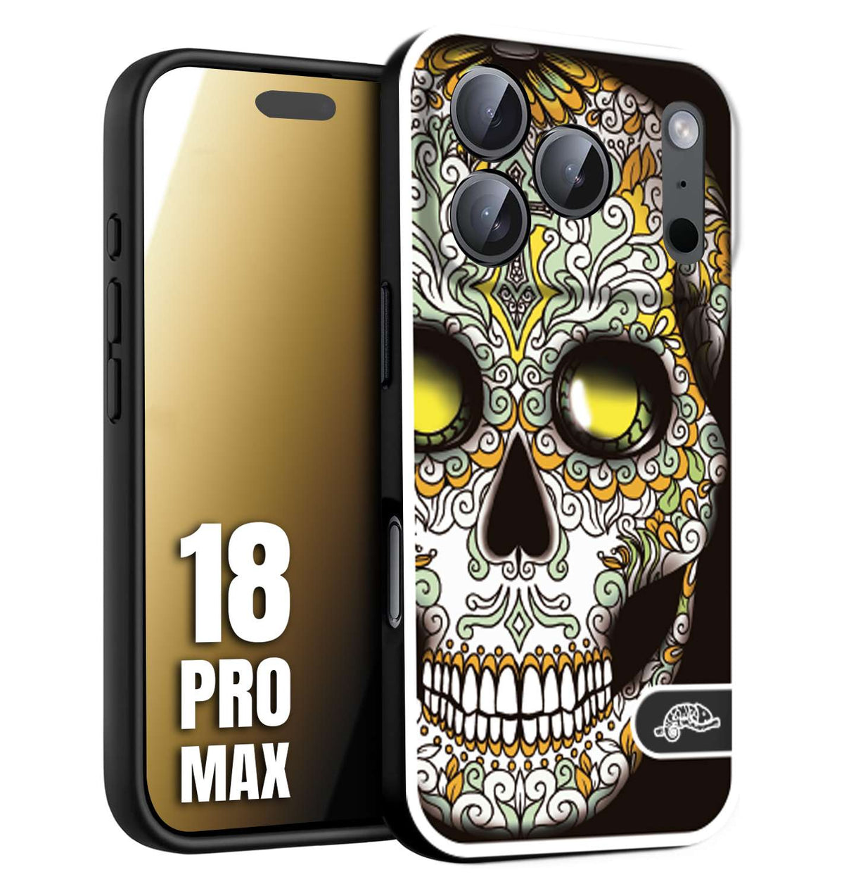 CUSTOMIZZA - Custodia cover nera morbida in tpu compatibile per iPhone 18 PRO MAX teschio messicano Mexican skull bianco verde giallo